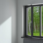 3d illustration. The open black modern plastic window in the room .